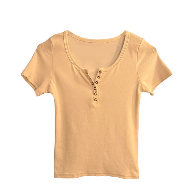 Light gray large neckline front shoulder short-sleeved T-shirt for women 2025 summer new high-end short round neck slim body
