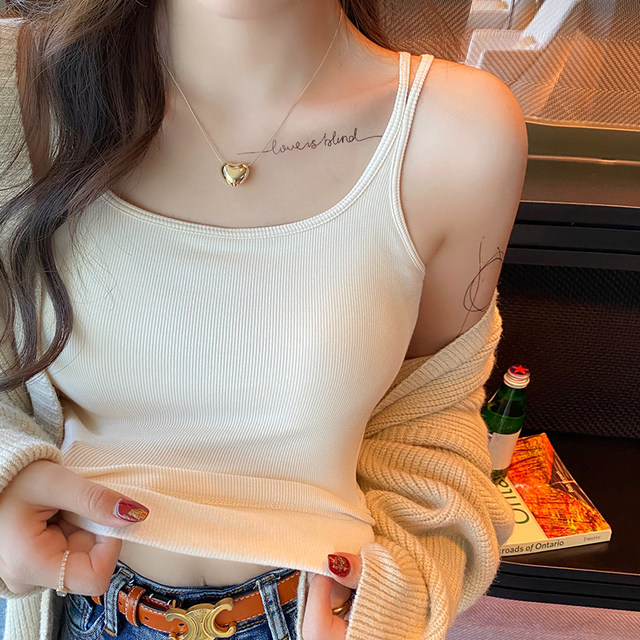 Brown brown ribbon chest pad plus velvet warm suspender vest for women with 2025 new autumn and winter top