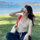 Light gray large neckline front shoulder short-sleeved T-shirt for women 2025 summer new high-end short round neck slim body
