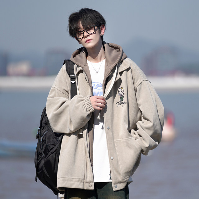 Japanese fake two-piece jacket men autumn teen loose hooded jacket large size boy baseball uniform men
