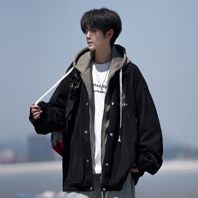 Japanese fake two-piece jacket men autumn teen loose hooded jacket large size boy baseball uniform men