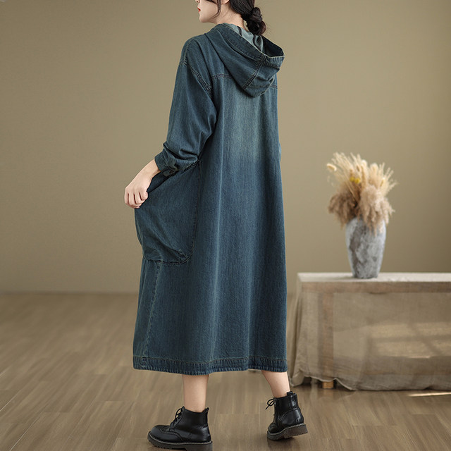 New spring and autumn hooded casual loose denim long-sleeved dress for women blue foreign trade export medium-length hidden meat
