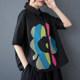 Spring and summer new loose, large size stitching casual, simple commute sweet short -sleeved shirt shirt, print black
