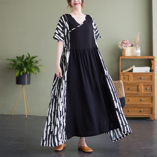 
Discount simple and fashionable bohemian long skirt for summer new fat plus size short sleeve V-neck printed dress