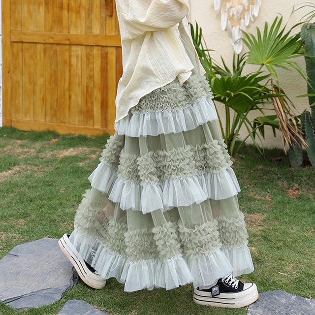 French niche design feel romantic and sweet multi-layer contrasting lace mesh skirt summer high-waisted A-line skirt looks good
