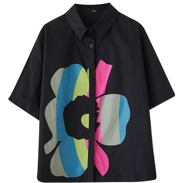 Spring and summer new loose, large size stitching casual, simple commute sweet short -sleeved shirt shirt, print black
