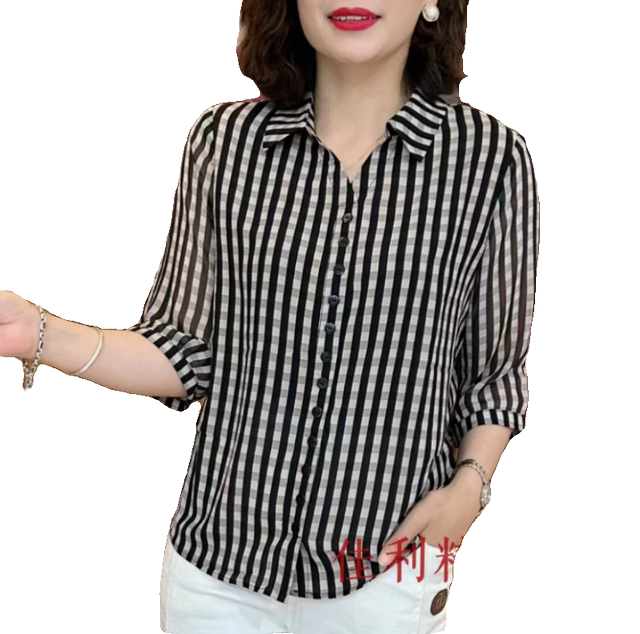 Mom's suit Polo collar striped chiffon centre-sleeved shirt fashionable women's summer short-sleeved T-shirt versatile women's top
