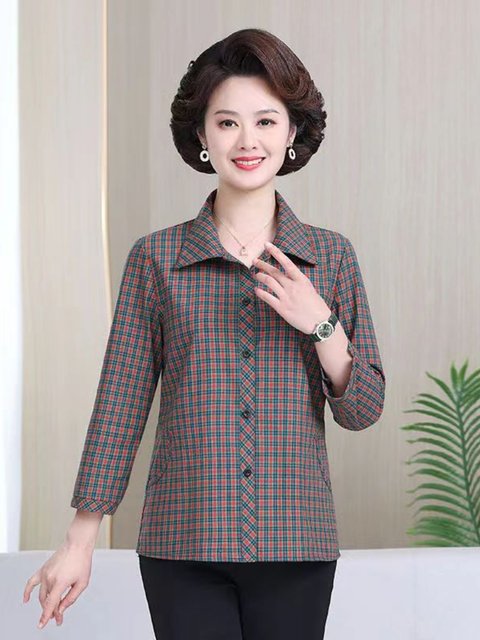 Mom cotton shirt female long -sleeved whole cotton spring and autumn clothes middle -aged and elderly mother -in -law shirt grid shirt female loose size

