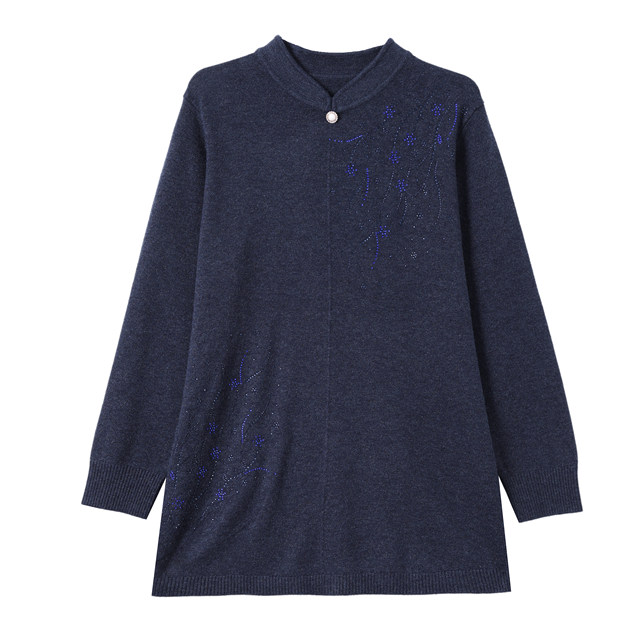 Middle-aged and elderly new Chinese style loose bottoming sweater women's medium-length mother's loose plus fat extra-large size stand-up collar woolen sweater