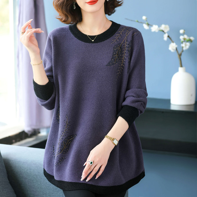 Large size women's clothing 200Jin [Jin equals 0.5kg] Western-style cashmere bottoming sweater for middle-aged and elderly mothers, winter plus fat mid-length belly-covering thick sweater