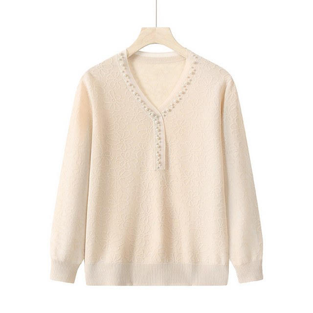 Fashionable mother spring and autumn thin sweater for women loose mulberry silk top for extra large size middle-aged and elderly beaded base shirt