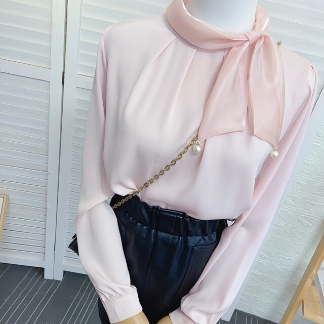 Scarf bow stand collar acetate satin shirt for women in spring and autumn new style loose bottoming white chiffon shirt top