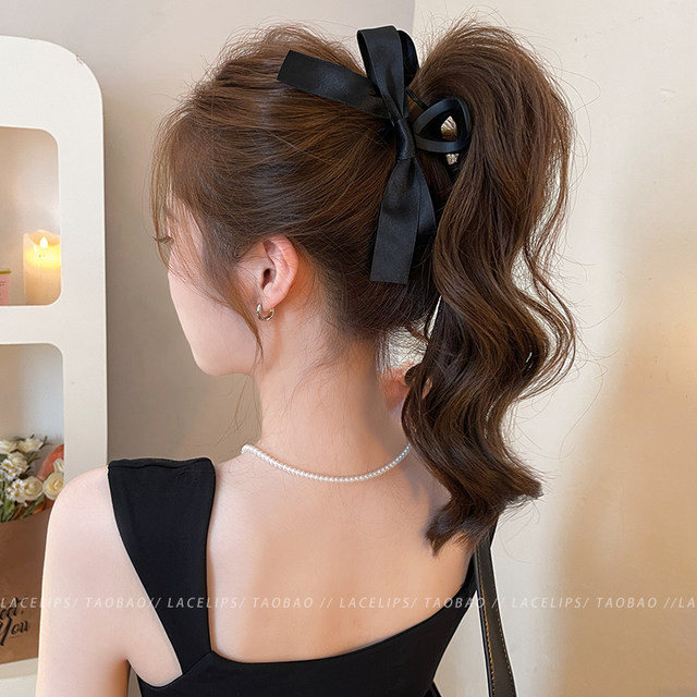 Large black bow clip women's high-end 2025 new style hair clip shark clip ponytail hair clip hair clip
