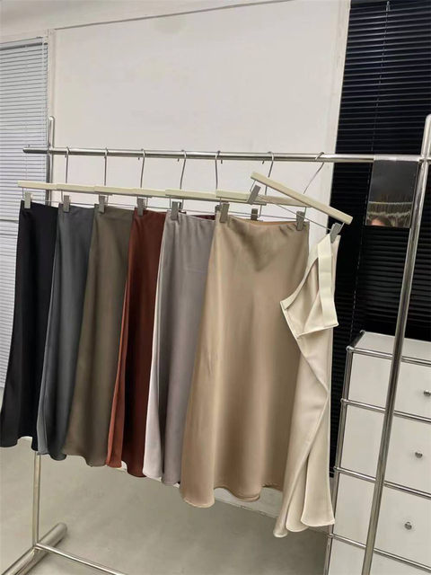 2024 Spring Pure Color Pine waist zipper satin fishtail skirt Box skirt children's middle long skirt fashion European station
