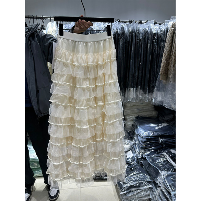 2025 spring apricot gauze cake skirt mid-length skirt trendy elastic waist texture versatile elastic waist high waist 92
