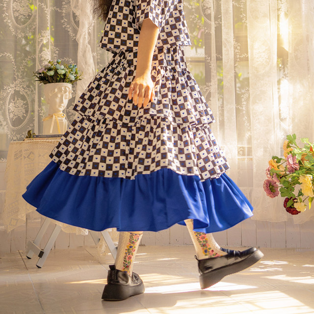 pinkwink Xiaoxingye summer original contrasting color plaid blue skirt cake skirt sweet long skirt skirt skirt