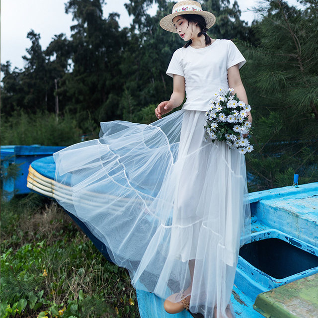 Mesh white skirt for women long spring and autumn new high-waisted temperament big skirt hem tiara skirt