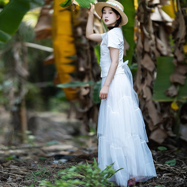 Mesh white skirt for women long spring and autumn new high-waisted temperament big skirt hem tiara skirt