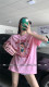 Pink letters printing round neck short -sleeved T -shirt 2023 Summer age reduction cartoon loose large version versatile leisure top