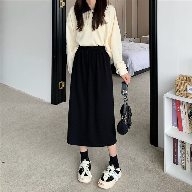 Black skirt mid-length spring and summer large size high waist slimming one-step skirt elastic waist commuting slit A-line long skirt
