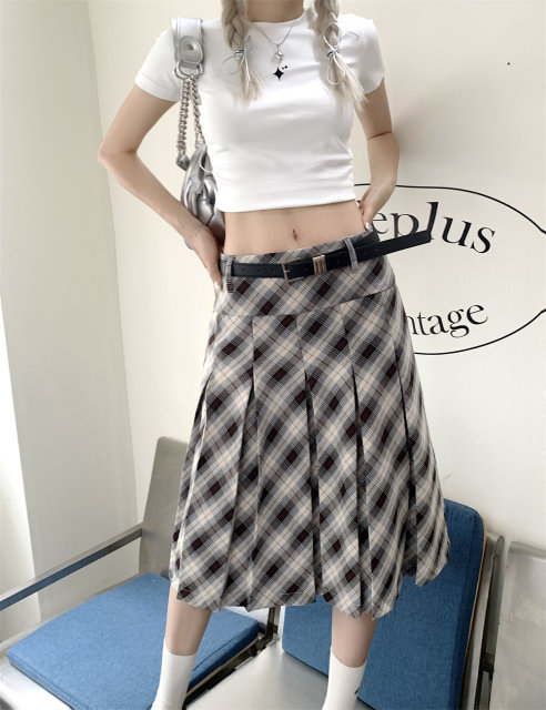 
Retro plaid pleated skirt fat mm mid-skirt for women summer mid-length slim college style jk high waist A-line skirt
