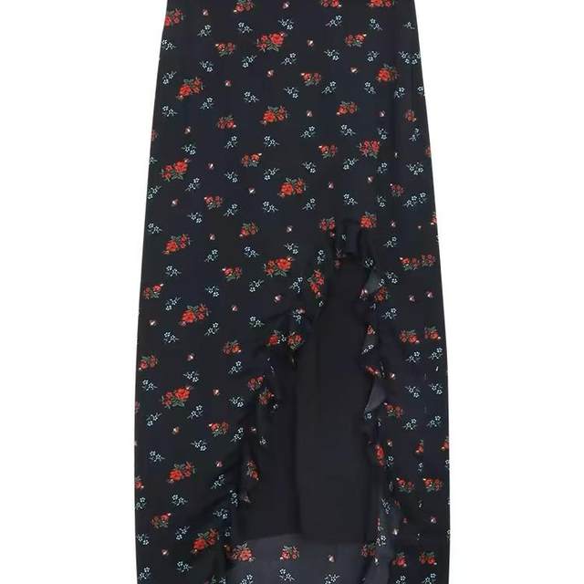 Large size ruffled floral skirt slit skirt for women spring and summer mid-length design high waist slim A-line skirt