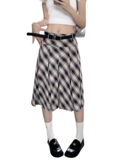 
Retro plaid pleated skirt fat mm mid-skirt for women summer mid-length slim college style jk high waist A-line skirt