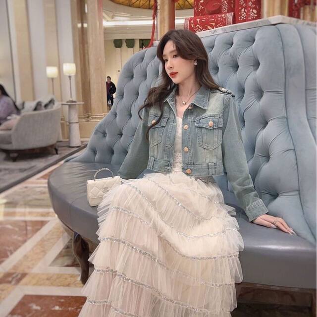 Heavy Industry Sequin Spliced ​​Mesh Cake Skirt 2025 Korean New High Waist A-line Sweet Skirt Long Skirt
