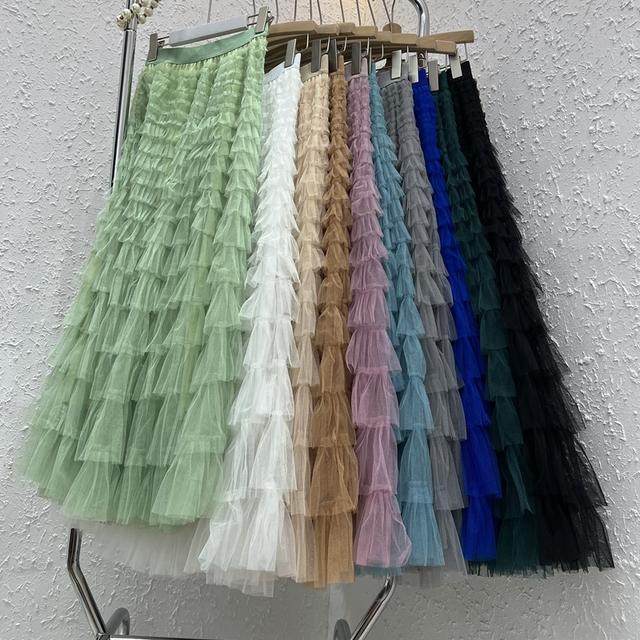 Fat mm large size design sensor lotus leaf edge mid -length fairy skirt female summer high waist A -type mesh cake skirt
