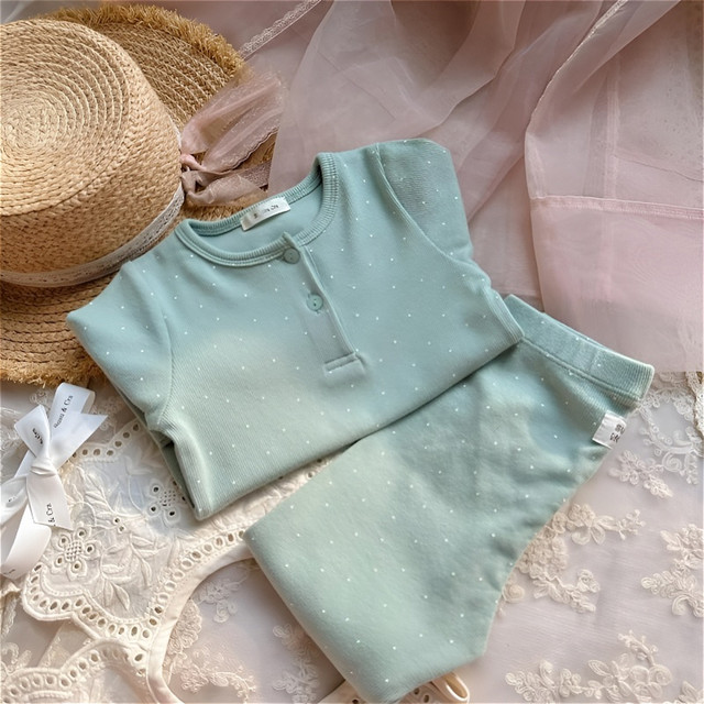 New products for autumn ~ children's pure cotton suit, comfortable polka dot full print, boys and girls autumn clothes and long trousers, home clothes two-piece set