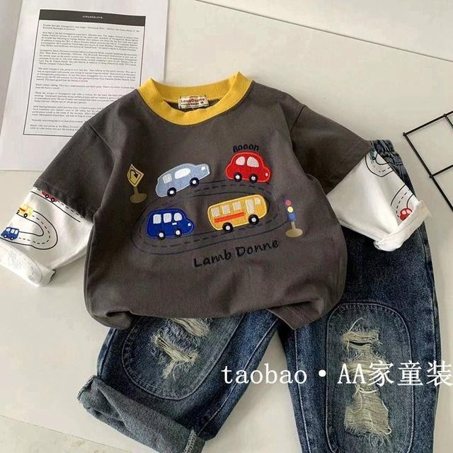 Children's autumn cartoon fake two-piece long-sleeved T-shirt for boys and baby spring clothes fashionable stickers 1 cloth thorn 2 embroidered base top