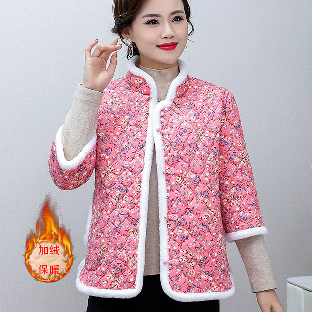 Middle-aged women's autumn and winter vest jacket ethnic style mother retro large flower cotton coat warm mid-sleeved plus velvet small cotton jacket
