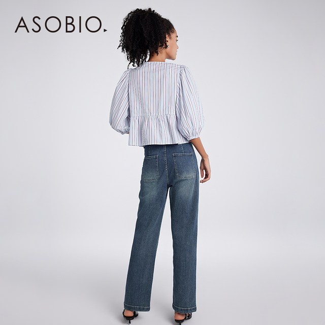 Asobio Autumn new mid-sleeved bulb lantern sleeve sleeve three-lace-up open-bowl striped shirt for women 503
