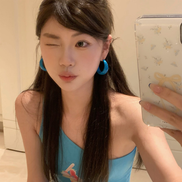 Retro Hong Kong style blue C-ring earrings for women's temperament earrings vacation style exaggerated earrings earrings circles plain circles