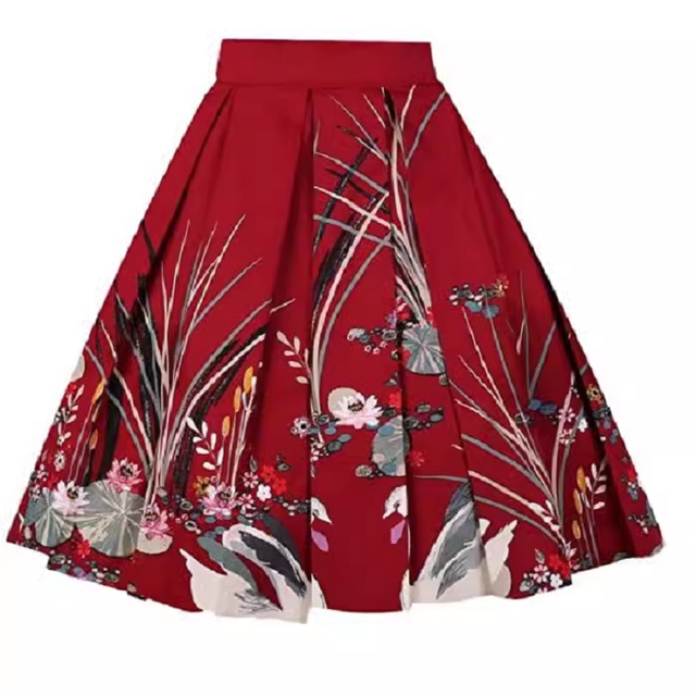 New Chinese style retro print mid-length pleated skirt with A-line puffy over knee high waist umbrella skirt for all seasons