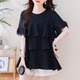 Black large-size ruffled short-sleeved chiffon shirt for women's T-shirt for summer loose fat mm belly-covering and slimming design top
