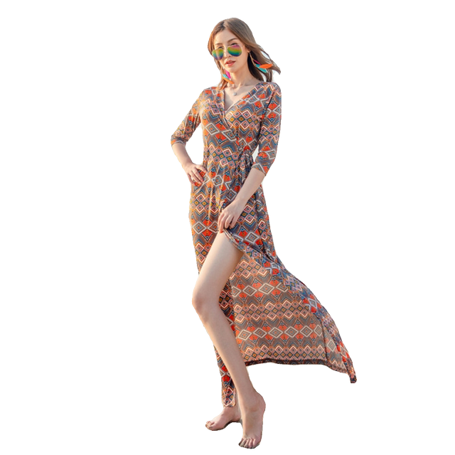 Seaside holiday skirt long skirt wrapped skirt temperament, women's flavor dress slim seven -point sleeve one -piece summer summer
