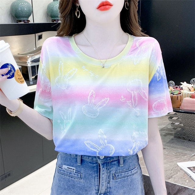 Cotton Rainbow striped stamps Short -sleeved T -shirt Female 2024 Summer New Loose White Family Round -neck clothes
