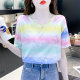 Cotton Rainbow striped stamps Short -sleeved T -shirt Female 2024 Summer New Loose White Family Round -neck clothes