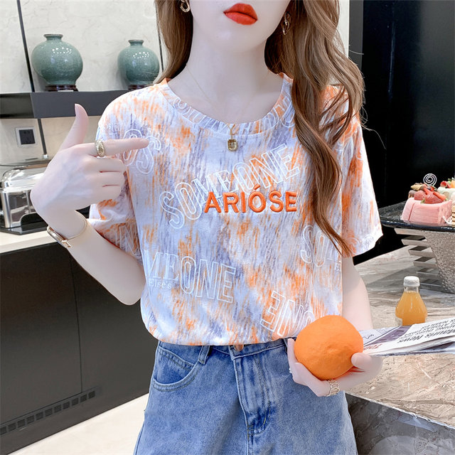 Heavy work embroidery tie dye cotton short -sleeved T -shirt 2024 summer new Korean version of the loose casual white top
