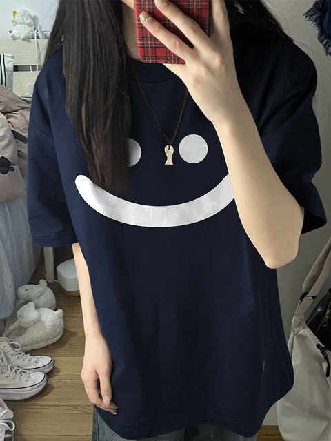 Pure cotton American fun smiling face print navy blue short-sleeved T-shirt for women 2025 new hot summer loose top