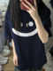 Pure cotton American fun smiling face print navy blue short-sleeved T-shirt for women 2025 new hot summer loose top