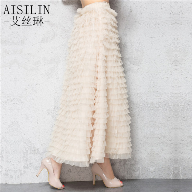 2025 mesh slim Hong Kong flavor large size tulle skirt puffy skirt women's irregular a half-body long skirt high waist