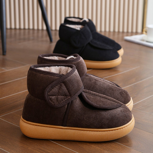 Warm cotton slippers with large openings for bloated feet, high heel, non-slip for men and women, indoor and outdoor wear, tendon bottom cotton shoes for the elderly