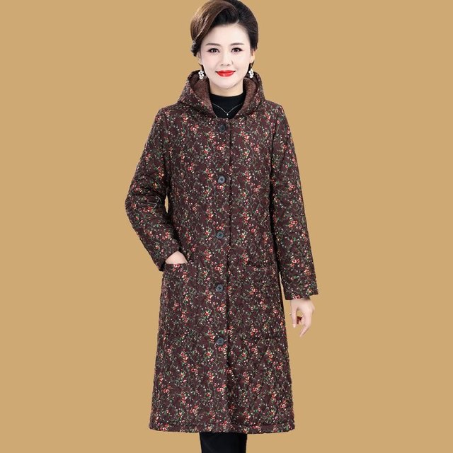 Women's mid-length cotton coat, thickened velvet, warm hooded jacket, new floral cotton jacket, middle-aged and elderly mother's cotton coat for women