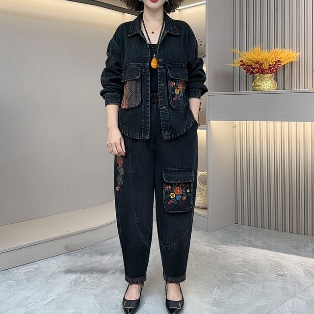 2025 Autumn New Arrival Literary Retro Splicing Embroidered Patches Fashion Versatile Western Style Two-piece Loose Denim Suit
