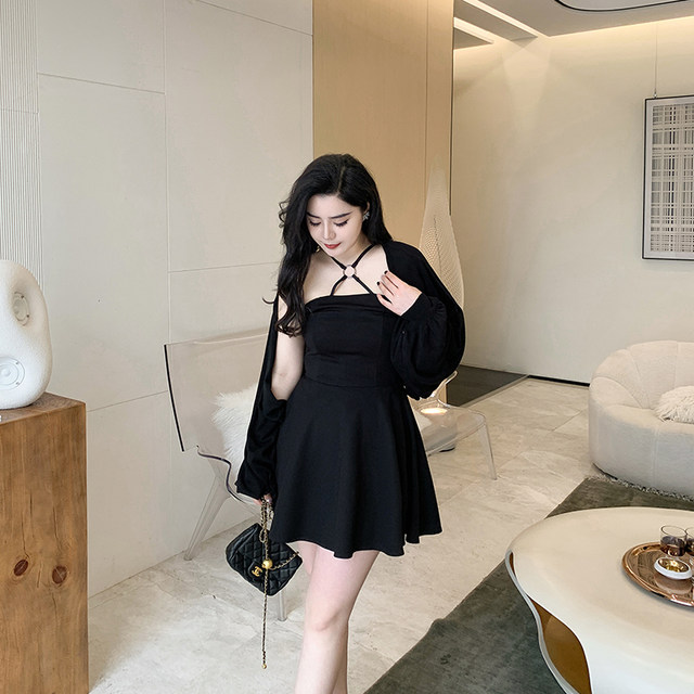 Xitonger large size women's fat mm dark slim strapless breast halter neck halter skirt covering belly fashionable base dress summer