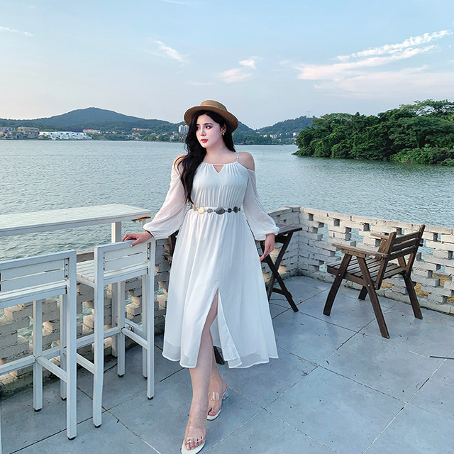 Xitonger large size women's fat mm French temperament slim and off-shoulder slit white dress vacation fairy long skirt
