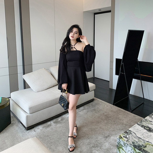 Xitonger large size women's fat mm dark slim strapless breast halter neck halter skirt covering belly fashionable base dress summer