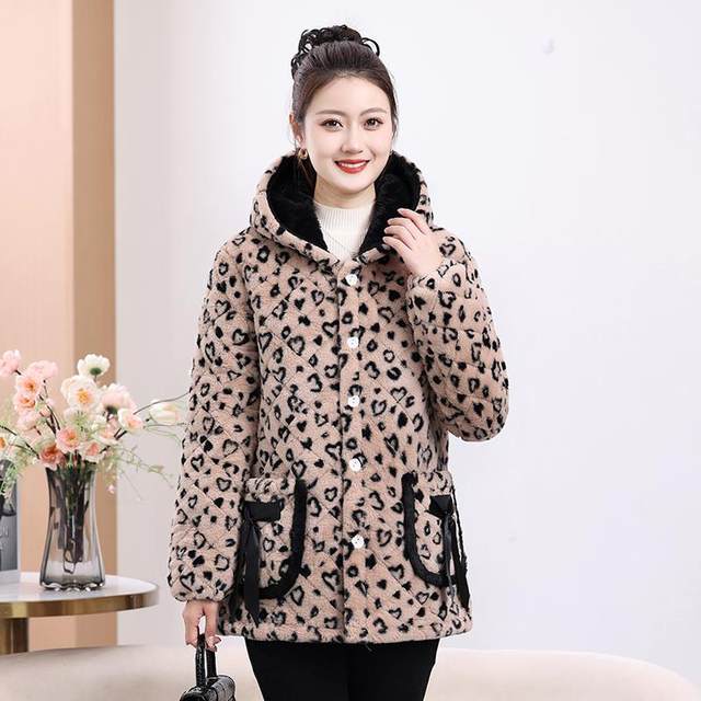 Winter short leopard print hooded small fragrant plus velvet warm cotton jacket, cotton coat, women's coat and smock